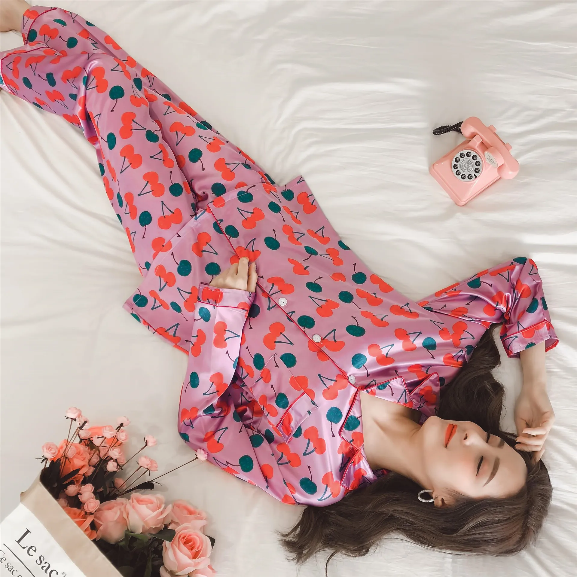 

Spring New Style Cardigan Button WOMEN'S Long Sleeve Fold-down Collar Pajamas Sweet Cherry Imitated Silk Fabric Home Wear Plus-s