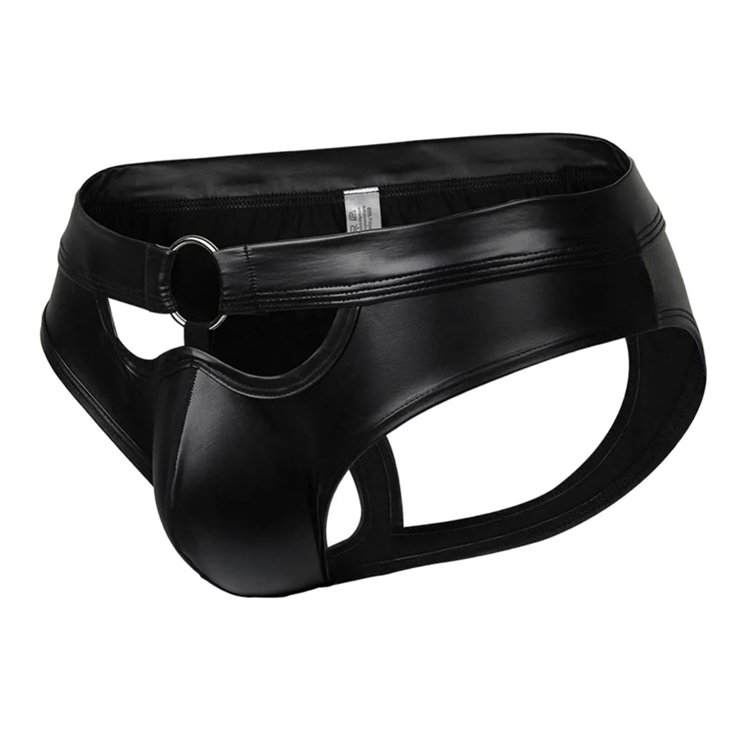 Sexy Men PU Leather Briefs Bulge Pouch Erotic Low Waist Open Butt Bikini Jockstrap Underpants Nightwear