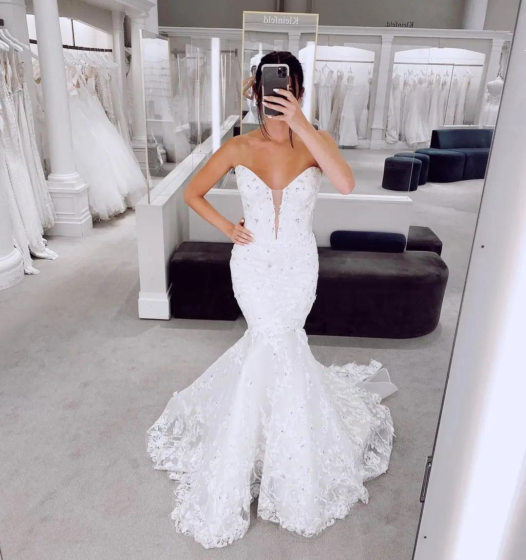 Angelsbridep V-neck Mermaid Wedding Dresses 2021 Fashion Appliques Crystals Vestido Feminino Formal Vestido De Fiesta De Boda evening dresses with sleeves