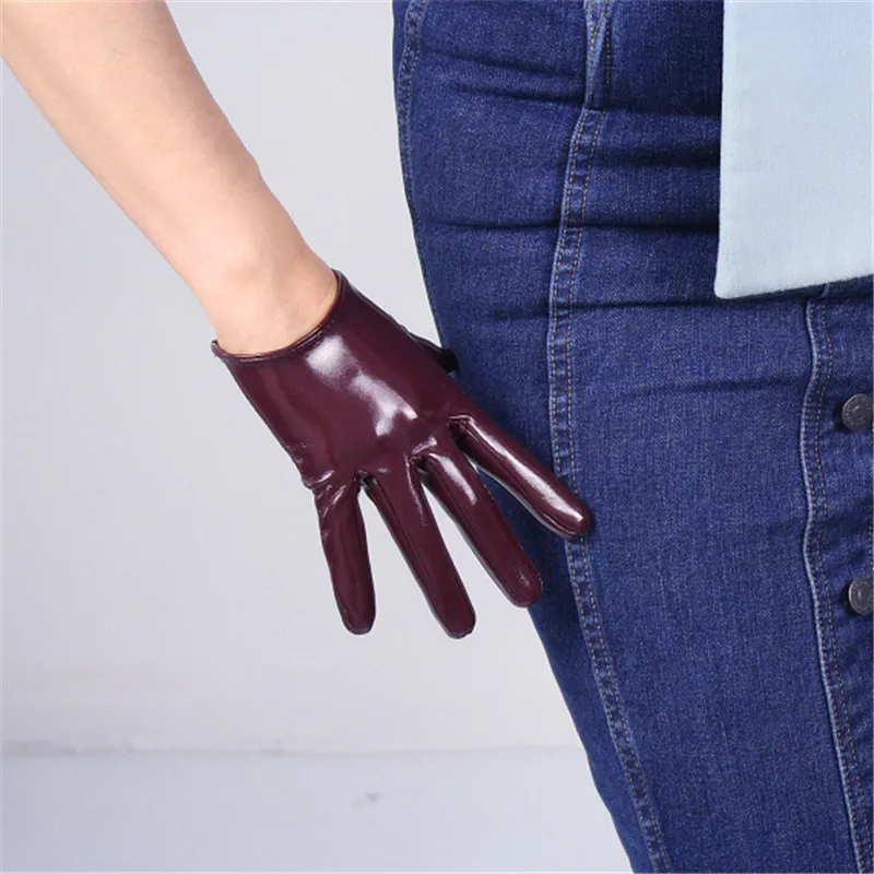 patentleatherwinered 16 см кожаные перчатки для сенсорного экрана ультракороткие кожаные перчатки из овчины, зеркальные Яркие Кожаные темно-коричневые кофейные женские PU102-16 - Цвет: patentleatherwinered