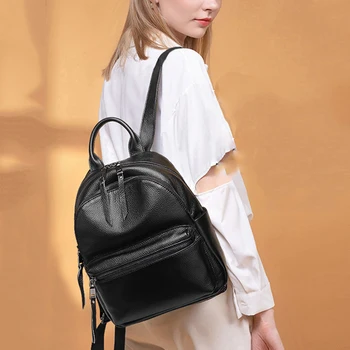 

High quality ladies backpack solid color leather school bag soft leather travel shoulder bag shoulder bag ladies black backpack