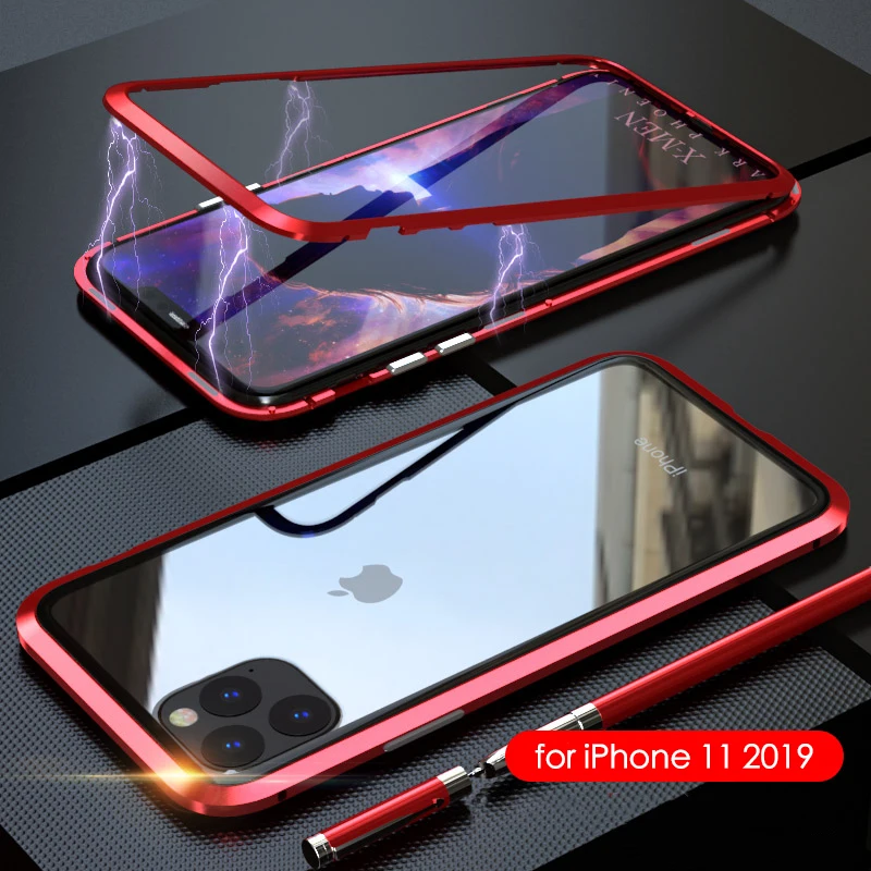 Роскошная Магнитная Адсорбция задняя крышка для iPhone 11 закаленное стекло встроенный Магнит чехол для iPhone 11 металлический бампер чехол - Цвет: Красный