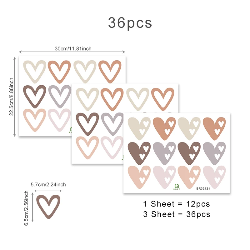 36pcs Heart Shape Trendy Boho Style Wall Stickers Bohemian Wall Decals for Living Room Bedroom Nursery Room Kids Room Home Decor 