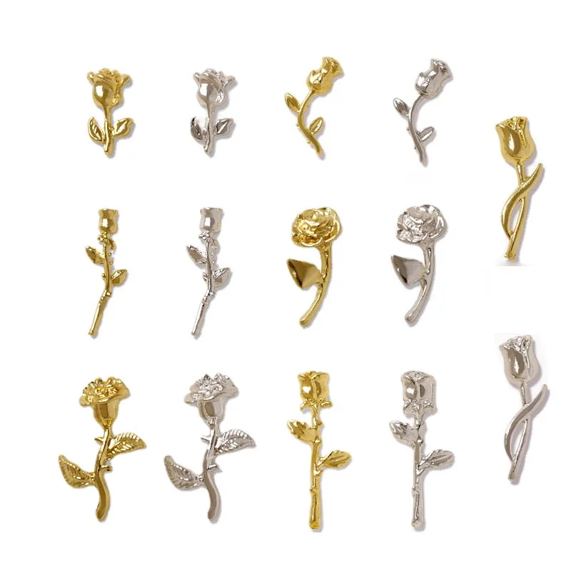 10Pcs 3D Rose Nail Art Ornament DIY Craft For Acrylic Nail Decoration Gold/Silver 7 Unique Shapes Flower DIY Charms Jewelry 4