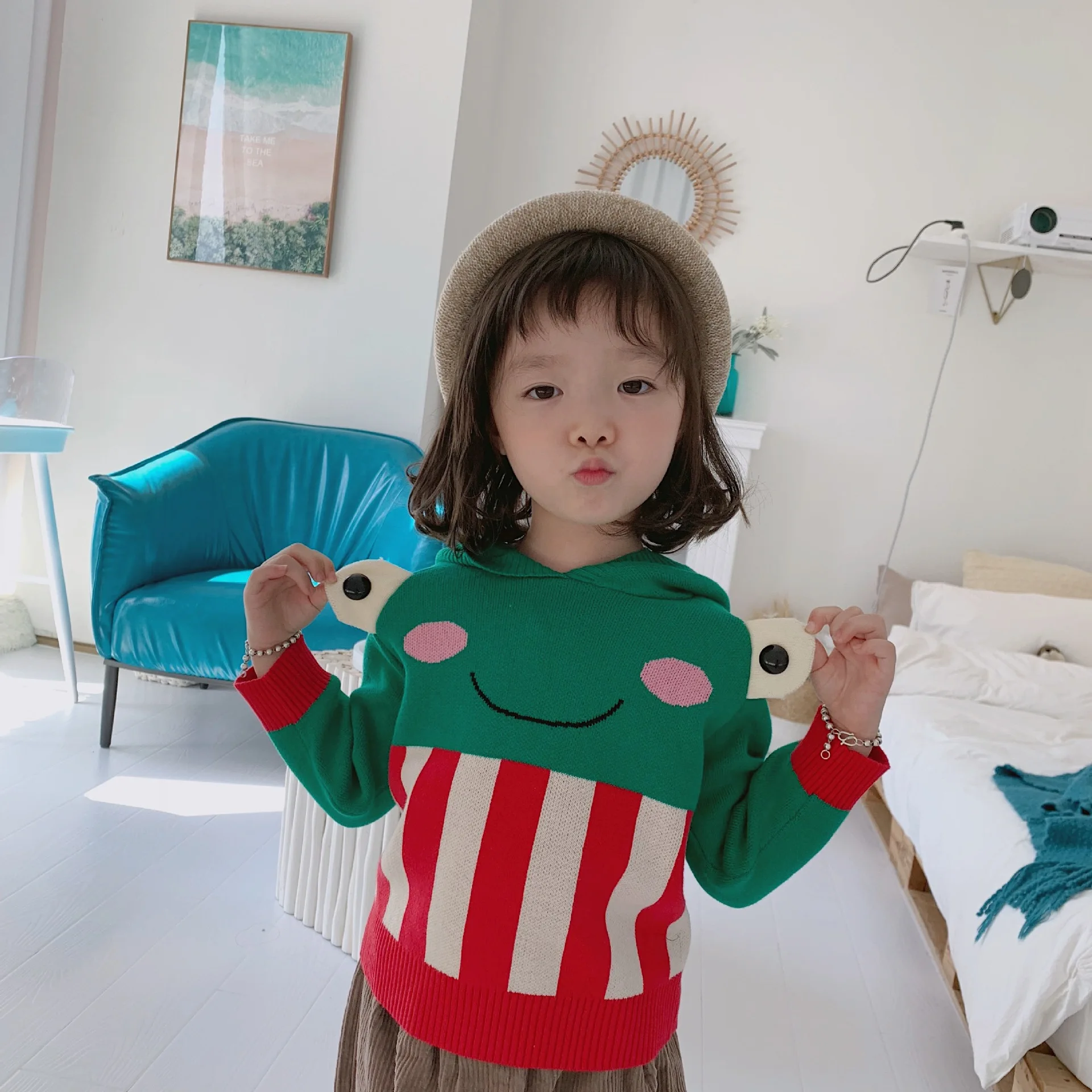 

kids knitted sweater hooded sweatshirt design sweater green color frog design baby girls boys sweater