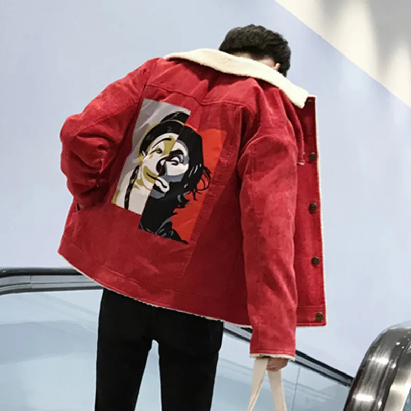 Red and picture Aolamegs Зимняя Куртка мужская однотонная теплая куртка Винтажная с длинным рукавом плюс бархатная повседневная куртка в студенческом стиле зимняя - Цвет: Red and picture