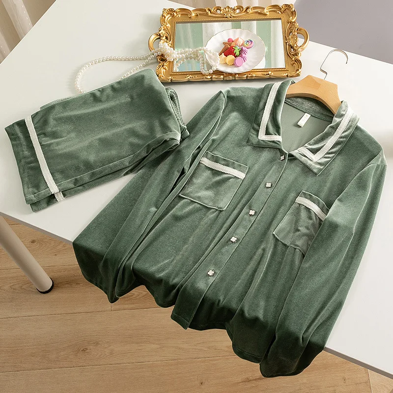 

Autumn Winter Velvet Women Pajamas Set Sleepwear French Style Long Sleeve Trouser Suits Intimate Lingerie Loose Casual Homewear