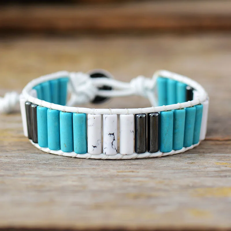 Unique Boho Tube Shape Natural Stones Single Leather Wrap Bracelets Handmade Bohemian Weaving Bracelet Leather Jewelry