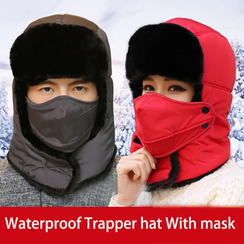 Fashion Trapper Hat Snow Cap Waterproof with Mask Windproof Winter Russian Ski Cap New Sports Ushanka Earmuffs
