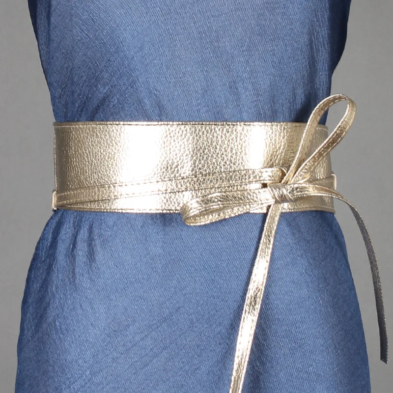 Spring Autumn Women Belt for Dress Fashion Metallic Color Soft Faux Leather Wide Belt Self Tie Wrap Waist  Dress