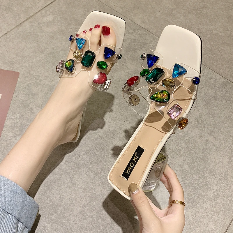 

Fashion Bling Rhinestone Slippers Women PVC Sequined Outdoor Slippers Woman 2019 Heel Slippers Female Diamond Beach Sandals