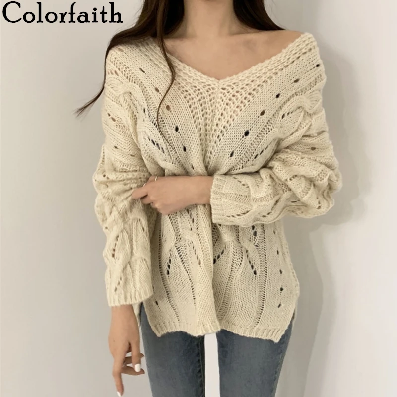 Colorfaith, Осень-зима, женские пуловеры, свитер с v-образным вырезом, вязаный, сексуальный, свободный, Повседневный, женский, с вырезом, джемпер, топы SW9865