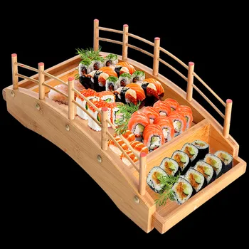

Japanese wooden wood Cuisine Sushi Bridge Boats Pine Creative Sushi Sashimi plate Platter Sushi Tableware Decoration Ornament