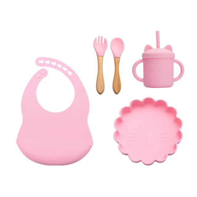Let's Make 7pcs/set Silicone Baby Feeding Tableware Set Silicone Toddler Cup Bowl Food Plate Feeding Training Children Dishes pink set
