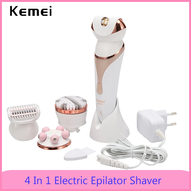 

Kemei 4 In 1 Electric Epilator Shaver For Women Rechargeable Hair Removal Lady Female Body Face Lags Depilatory Cleaning Brush