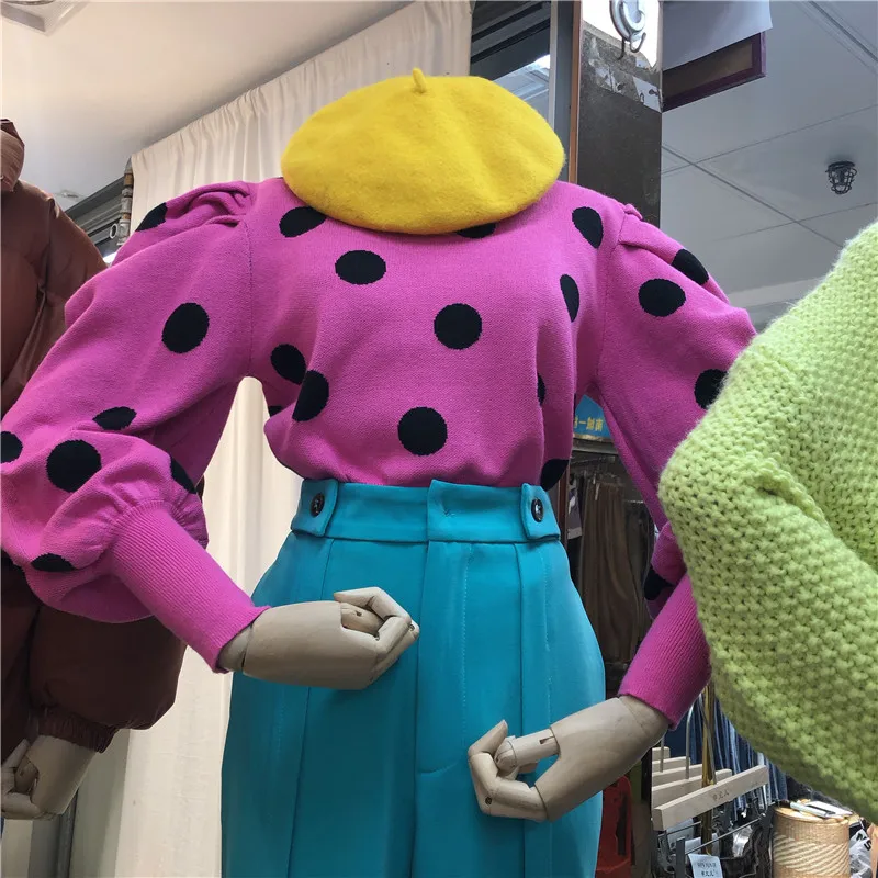 Весна-Осень, дизайн, круглый вырез, узор в горошек, свитер, платье, милый рукав-пузырь, пуловеры, женский модный джемпер