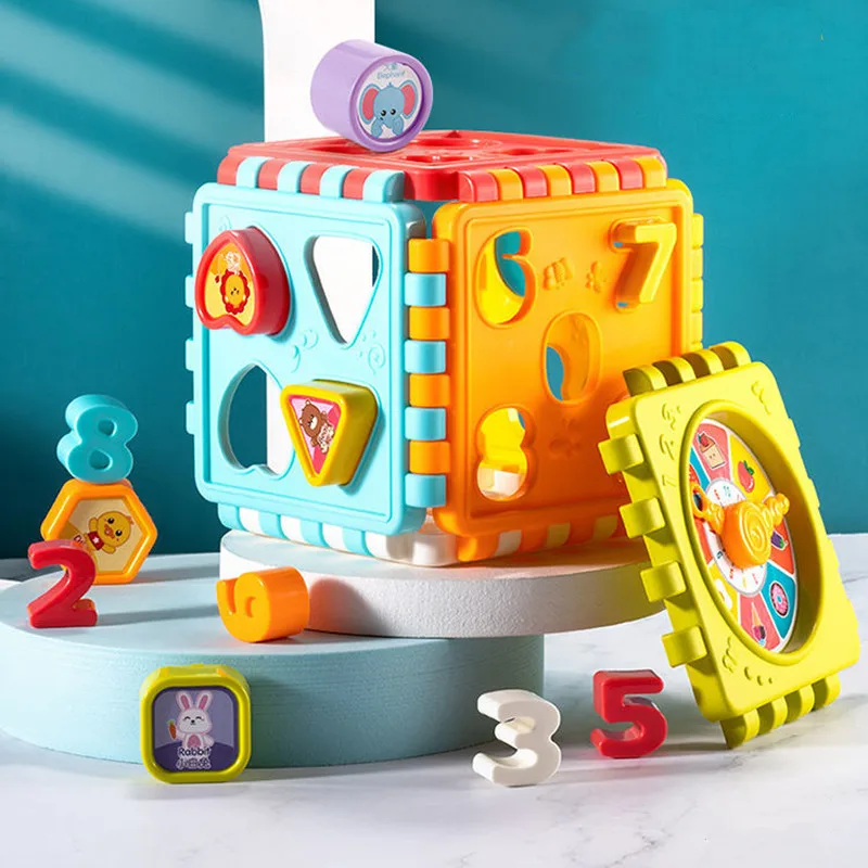 Cubo de actividades de aprendizaje multifuncional para bebé, juguete educativo para edades tempranas, reloj infantil, bloques geométricos coloridos, regalo