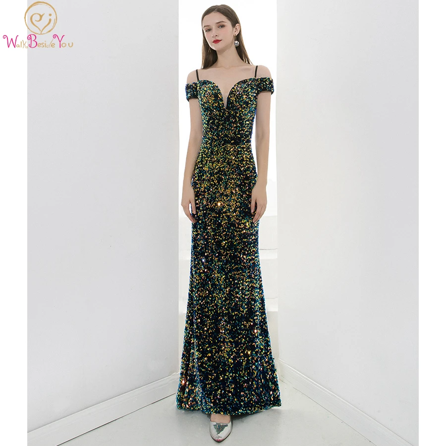 

100% Real Bling Sequined Evening Dresses Mermaid Long Women 2020 Plus size Off Shoulder Sweetheart Floor Length Prom Gowns