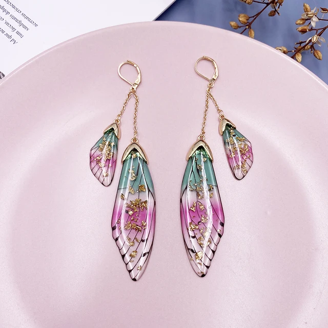 Fairy Resin Butterfly Earrings for Women Shining Crystal Flake Double Wing Long Drop Earrings Ladies Wedding Party Jewelry 2020 GF-Pink Green