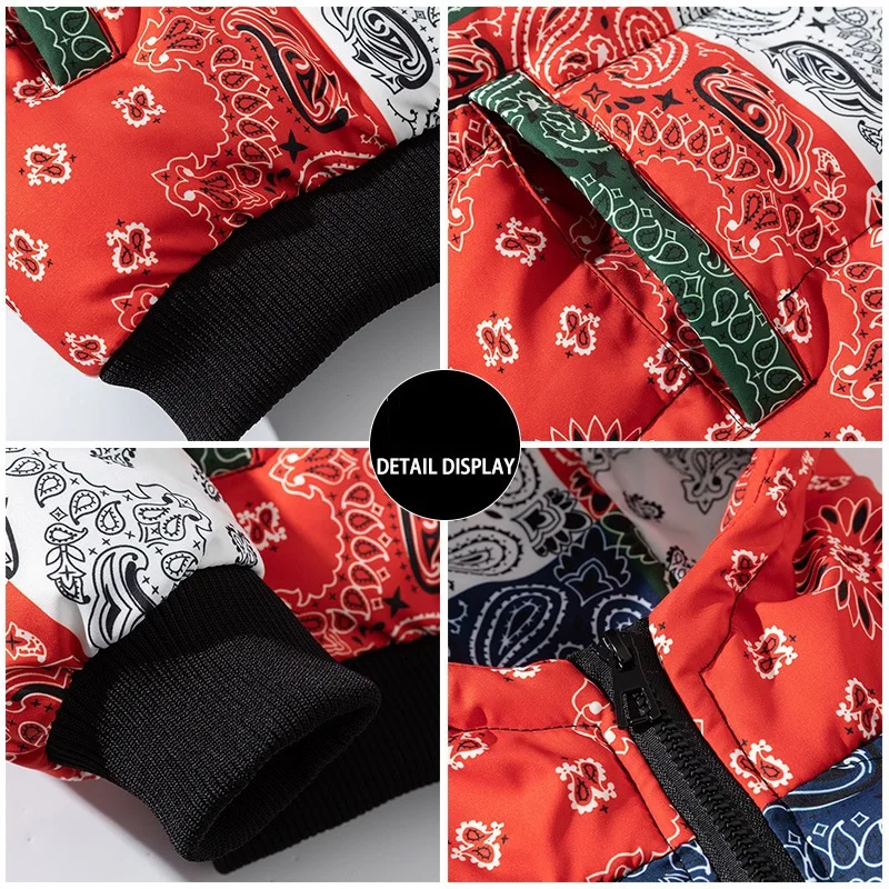 Couple Cashew Flower Hit Color Hooded Cotton Jacket Male Ins Autumn and Winter Thick Cotton Jacket Tide Brand Coat Men