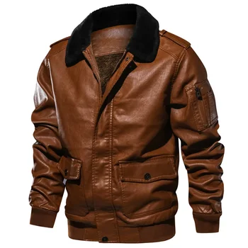 

Winter Pu Leather Jacket Men Fur Collar Vintage Pilot Bomber Casual Motorcycle Biker Outwear Thicken Fleece Warm Coat Jacket