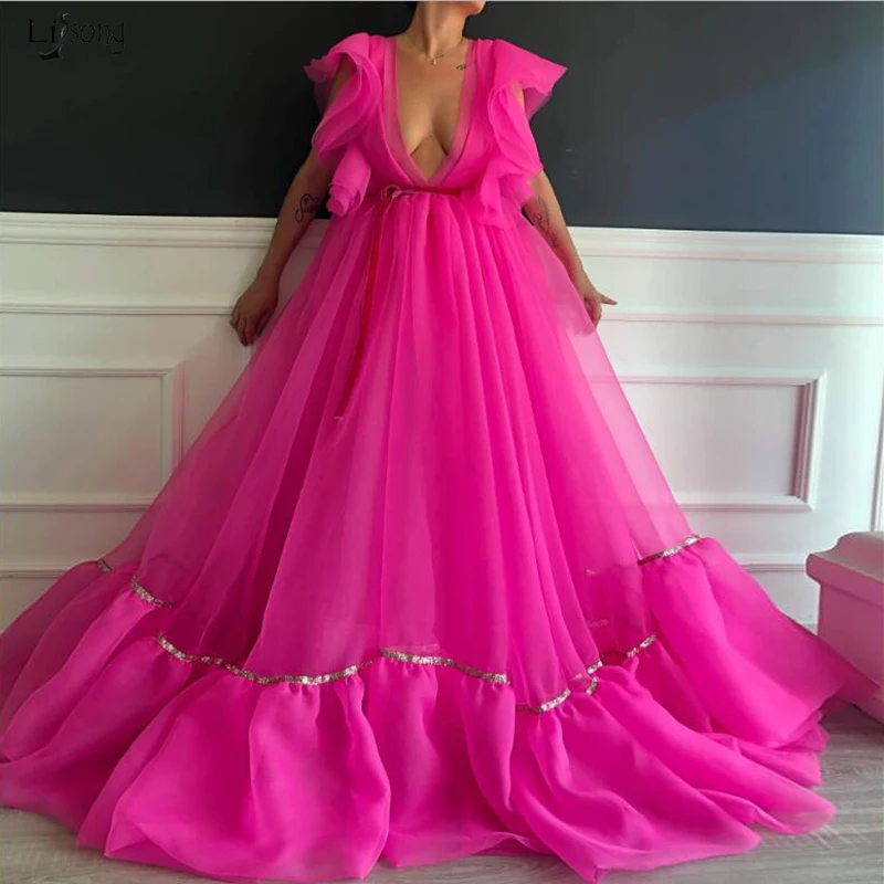 

Hot Sale Fuchsia Puffy Tulle Long Evening Party Dresses Sexy Deep V Neck Prom Gowns For Women Zipper Back vestido de noche
