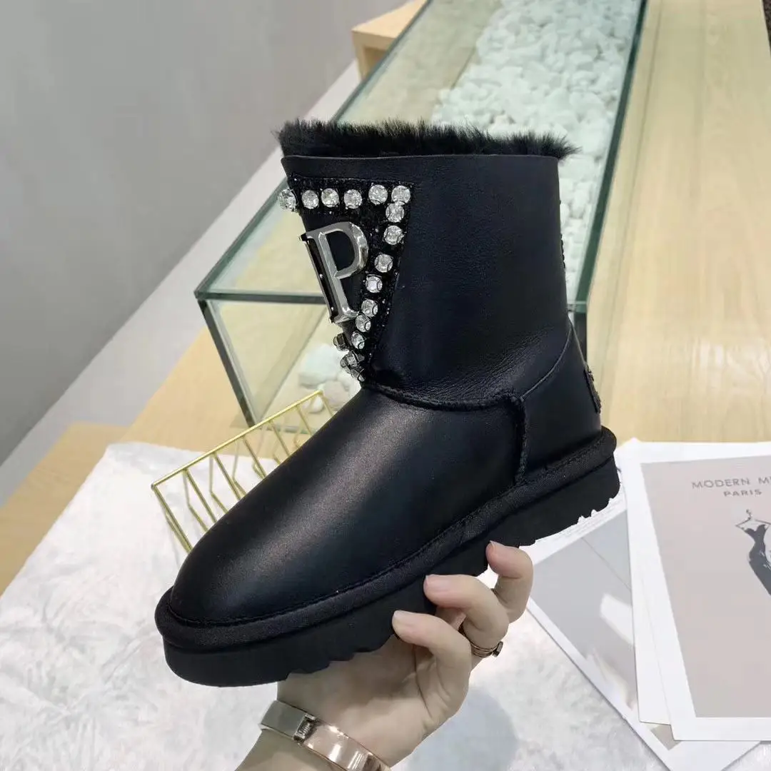 

Womens Round Toe Rhinestones Crystal Ankle Boots Genuine Leather Real Fur Snow Warm Thicken Winter Shoes Black Sliver New