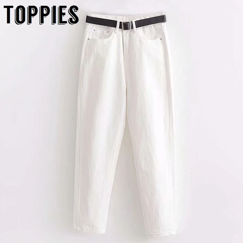 White Black Jeans Pants High Waist Denim Pants Women's Classic Trousers with Belt Casual Streetwear White Black Jeans Pants High Waist Denim Pants Women's Classic Trousers with Belt Casual Streetwear