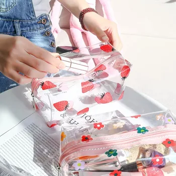 

Transparent Cosmetic Bag Travel Organizer Makeup Clear Zipper Peach Avocado Straberry PVC Beauty Fahion Girl Women Handbag