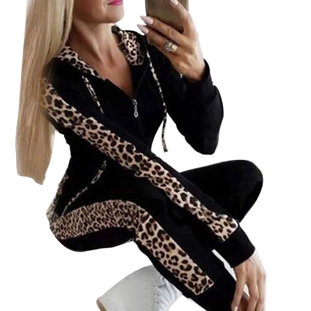 Sfit, 2 шт., повседневные женские леопардовые длинные толстовки с капюшоном, спортивные топы, штаны, свитшот, спортивный костюм, спортивный костюм для бега, спортивная одежда - Цвет: Black