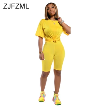 

Solid Causal 2 Piece Set Summer Clothes for Women Round Neck Short Sleeve Tshirt + Skinny Knee Length Pants Festival Track Suit