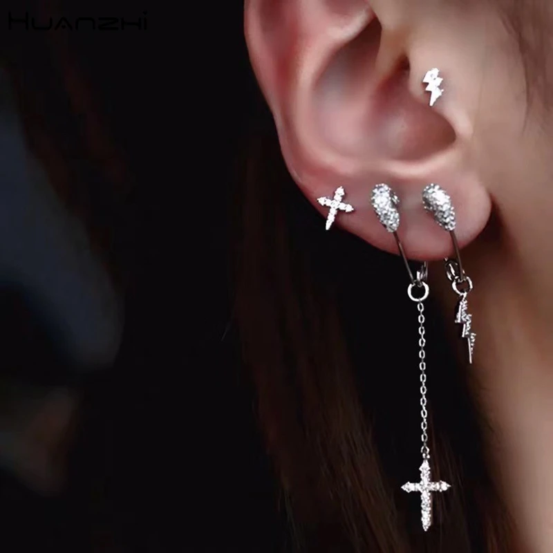 HUANZHI Новинка 4 шт./компл. S925 Серебряный Pin микро кубические цирконы, стразы, кристалл, защитная булавка молния Крест звезда серьги-гвоздики для женщин