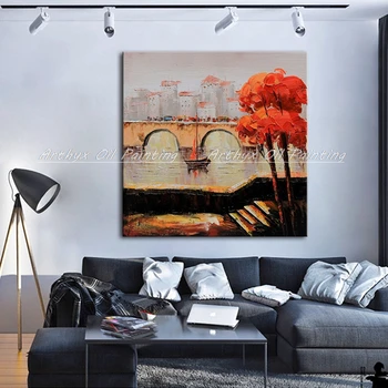 

Arthyx Handpainted Modern City Bridge Thick Textured Knife Landscape Oil Painting On Canvas Wall Art Picture For Home Decoration