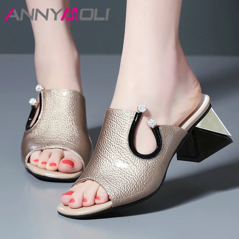 

ANNYMOLI Real Leather Slippers Metal Decoration High Heels Block High Heel Slides Square Toe Woman Sandals Lady Shoes Green Red