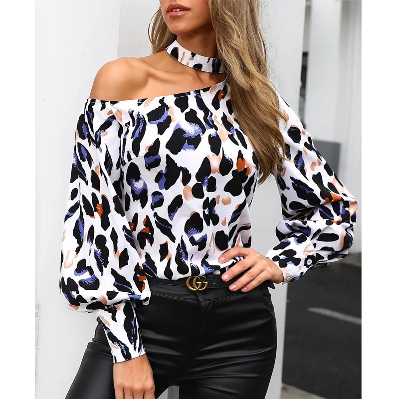 

Women Cutout Leopard Print Blouse Shirt 2019 Casual Loose Blouse Casual Shirt Long Sleeve Tops