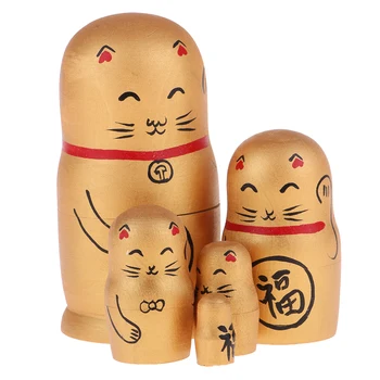 

5 Pieces Wooden Babushka Russian Nesting Doll Hand Painted Lucky Cat Golden