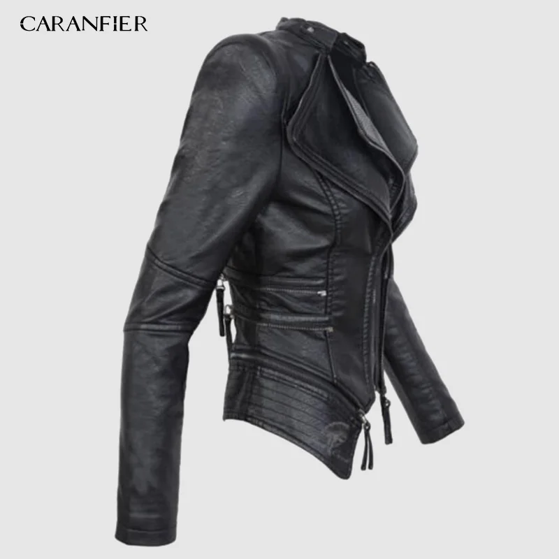 CARANFIER Новая Осенняя Женская куртка из искусственной кожи пальто короткий дизайн молния тонкая черная мотоциклетная куртка