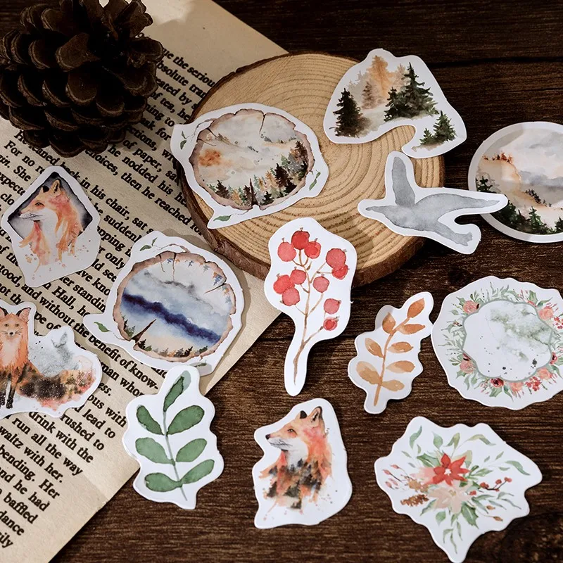 40 팩 도매 박스 스티커 수제 안개가 자욱한 숲 동물 스티커 종이 종이 장식 일기 Scrapbooking 미니 북마크 4CM