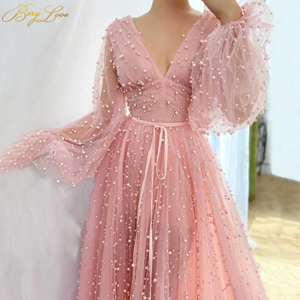 

Charming Pearls Evening Dress Pink Long Sleeves Sexy V Neck Plunging Evening Gown Luxury Formal Puffy Sleeves New Prom Dress