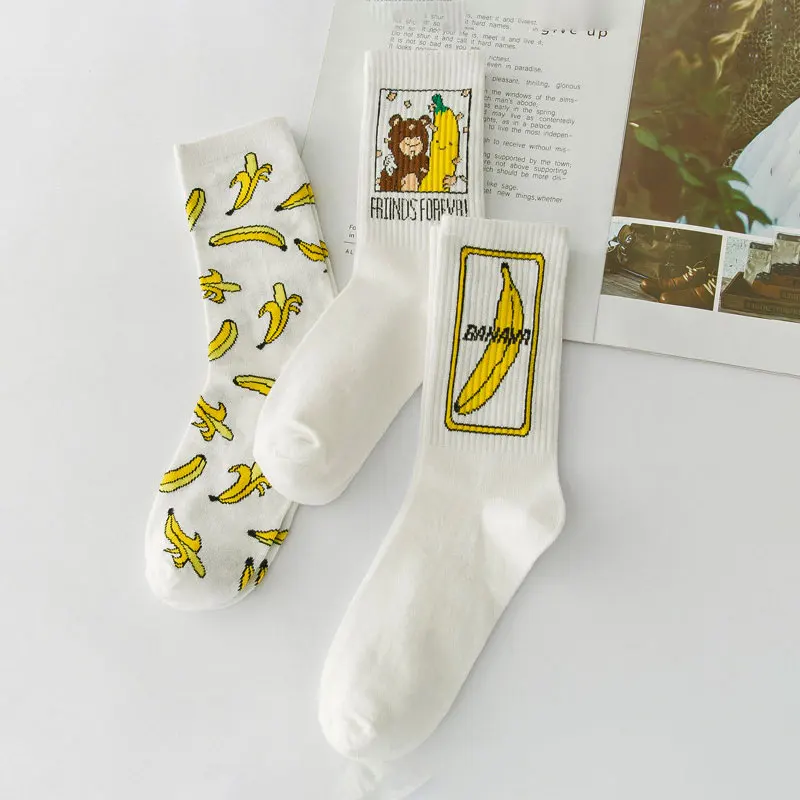 Женские милые носки с бананами и фруктами, милые белые мягкие цветные уютные женские красивые теплые персонализированные хлопковые носки в стиле Харадзюку, 3 пары