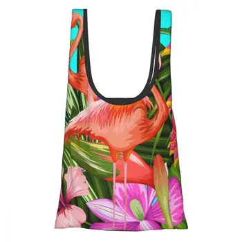

Reusable Eco-Friendly Grocery Foldable Shopping Bag Tropical Flamingo And Flowers Folding Tote Bag with Handle