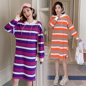 

Pregnant women striped hooded t-shirt skirt wild shirt sweater bottoming shirt version fashion pregnancy dress