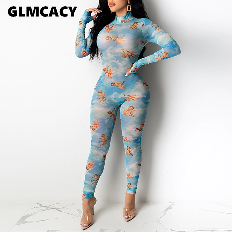 Women Long Sleeve Cartoon Printed Bodycon Jumpsuit Plus Size Sexy & Club Stretch See Through Mesh Jumpsuits Women Long Sleeve Cartoon Printed Bodycon Jumpsuit Plus Size Sexy & Club Stretch See Through Mesh Jumpsuits