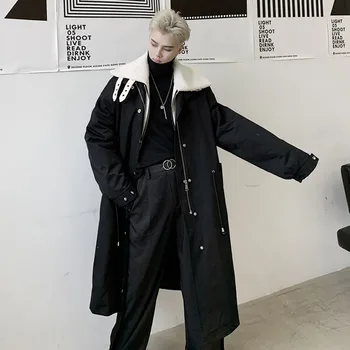 

Men Winter Faux Lambswool Collar Loose Long Parka Windbreaker Overcoat Cotton Padded Coat Male Streetwear Jacket Outerwear