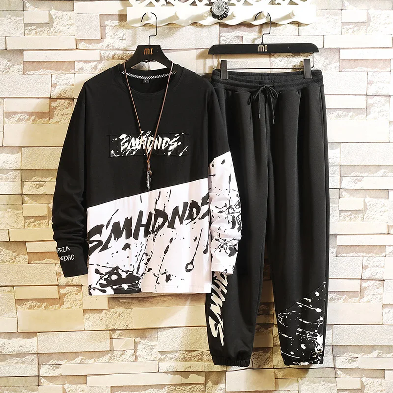 

New Casual Men's Hoodie Coat Sweatpant 2pcs Set Letters Printing Top Loose Style Mixed Color for Spring Autumn Big Size M-5XL F6