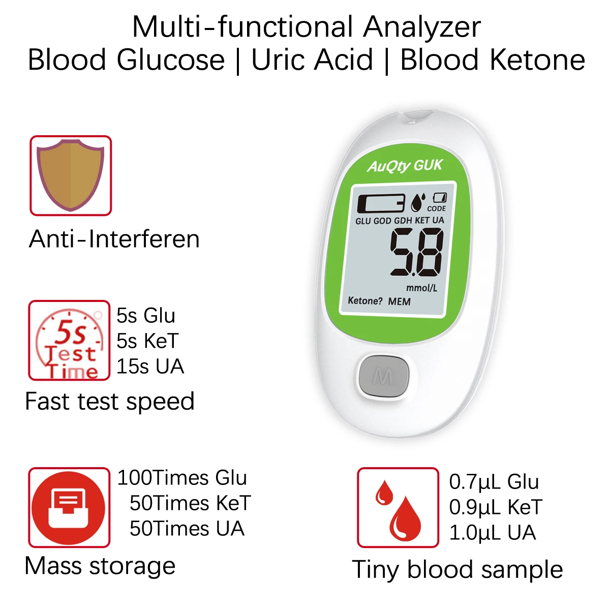 GUK Multi Function Blood Ketone Blood Glucose Uric Acid Meter Gout