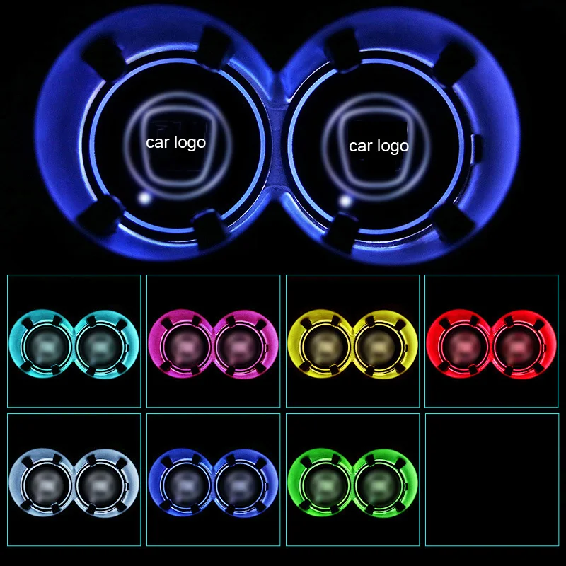 

2pcs Cup Holder Mat Non-slip Car Logo USB Charge Colorful Car Cup Holder Bottom Pad LED Atmosphere Light Car Decoration