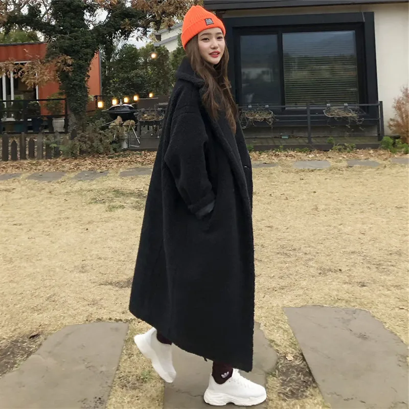 Autumn Winter Women Solid Faux Fur Coat Long Sleeve Casual Fleece Jacket Female Turn Down Collar Long Teddy Coat Outerwear 2022