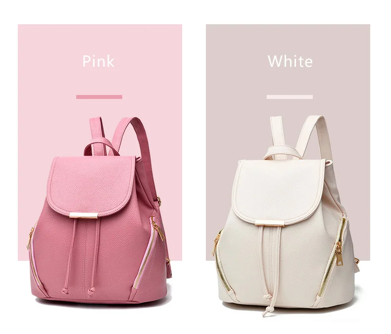 2019 High Quality PU leather Zipper Backpacks Female Small Leisure Backpack Purse College Student Shoulder School Bag Black Pink (11)