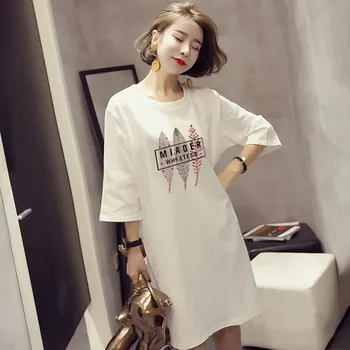 

2020 Spring Summer Sexy Fashion Embroidery T-Shirt Dress Women O-Neck Fashion Pullover Loose Printed Dress #2019.6.19